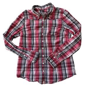 GUESS Women’s Western Denim Shirt Size Large Red Long Sleeve Pearl Snap‎ Buttons